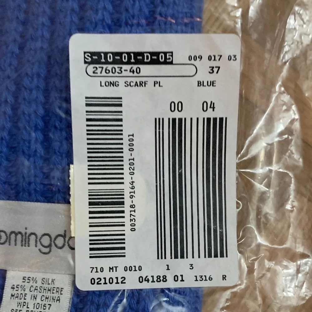 NWT 54” Bloomingdale's VTG Blue Ribbed Scarf Original Packaging SILK & CASHMERE